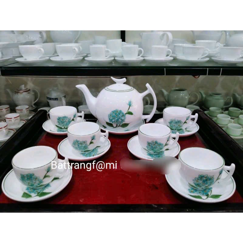 Bộ ấm chén dáng Minh Long vẽ tay Cẩm Tú Cầu