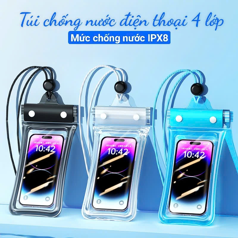 Túi chống nước điện thoại 4 lớp IPX8 – Dùng đi biển, bơi lội, du lịch – Cảm ứng mượt, an toàn khi đi bơi