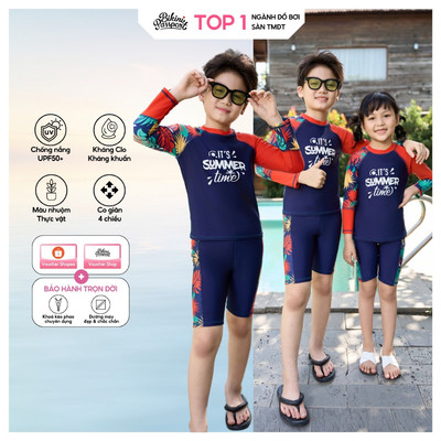 Đồ bơi trẻ em BIKINI PASSPORT kiểu Đồ bơi Unisex cho bé dạng quần lửng, áo có tay - Cam Họa tiết - KD046_OR