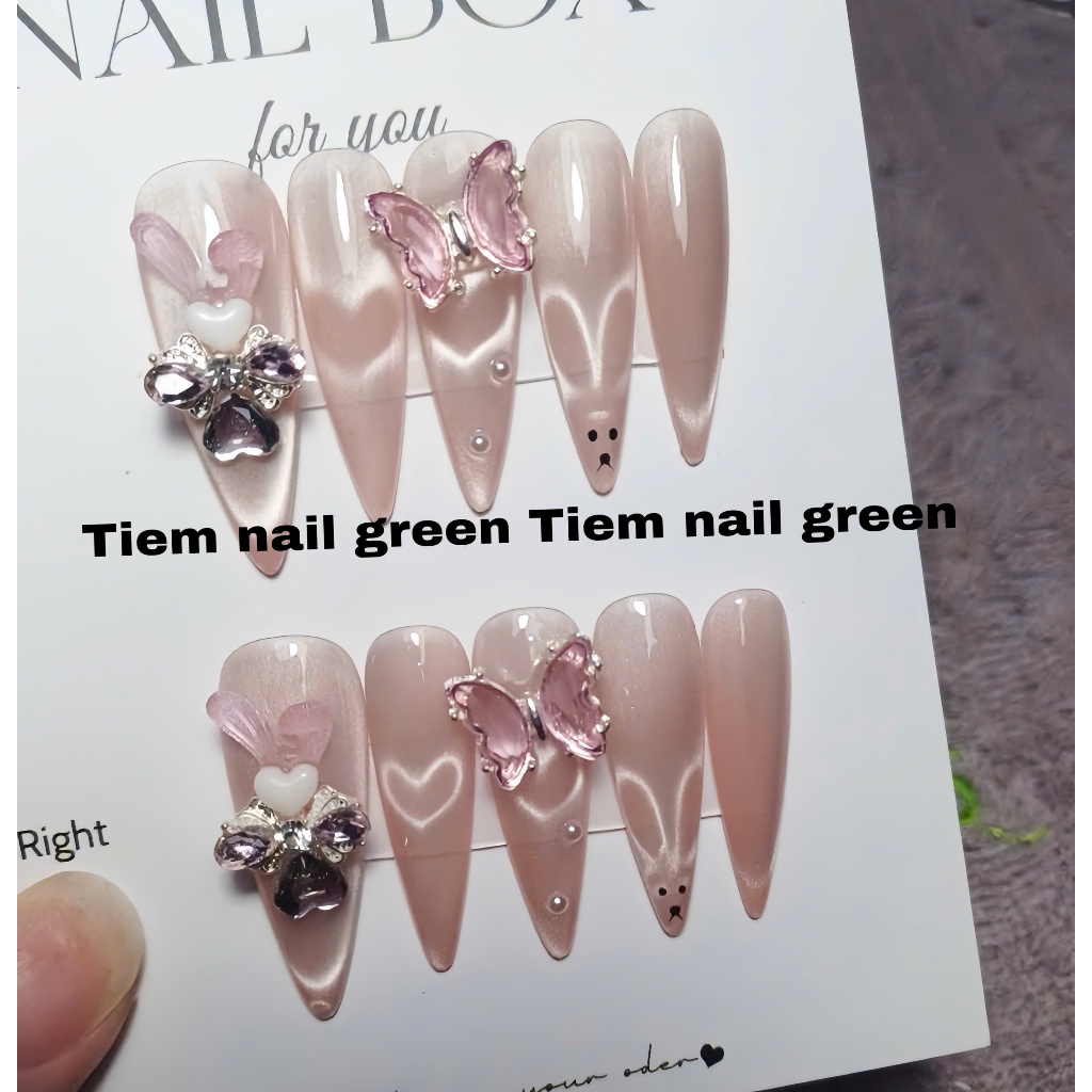 [G66] - Nailbox thiết kế - Mắt mèo hồng thạch form nhọn trang trí móng siêu xinh