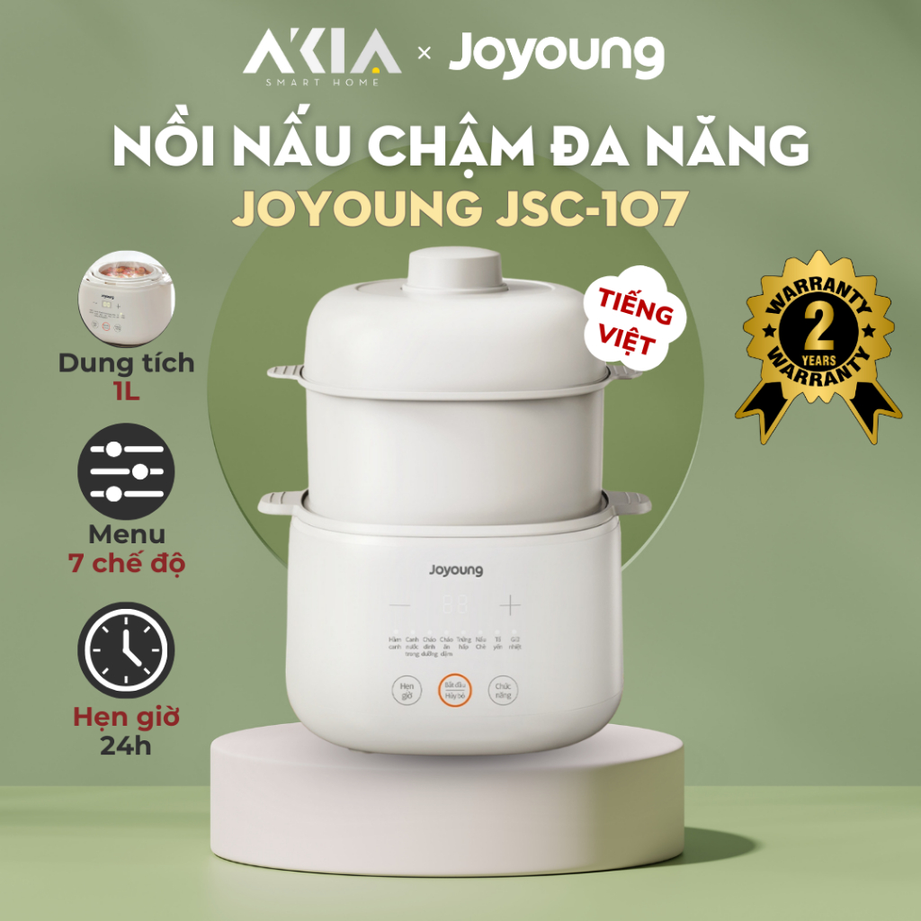 Nồi nấu chậm Joyoung JSC-107 - Dung tích 1L, Hẹn giờ, Tặng kèm Thố gốm sứ trắng - Bản Tiếng Việt