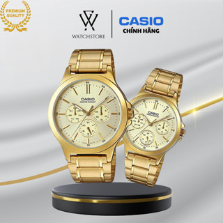Đồng Hồ Đôi Casio V300G-9AUDF Màu Vàng Champagne Dây Kim Loại Mạ Vàng PVD Mặt Kính Khoáng Chống Nước Chính Hãng