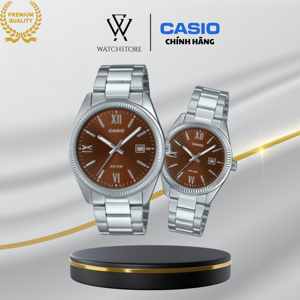 Đồng Hồ Đôi Casio 1302DD-5AVDF Màu Nâu Dây Kim Loại Không Gỉ Mặt Kính Khoáng Chống Nước Chính Hãng