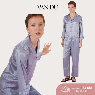  Bộ mặc nhà Pijama lụa siêu mướt VÂN DU dài tay quần dài hoạ tiết kẻ sọc 