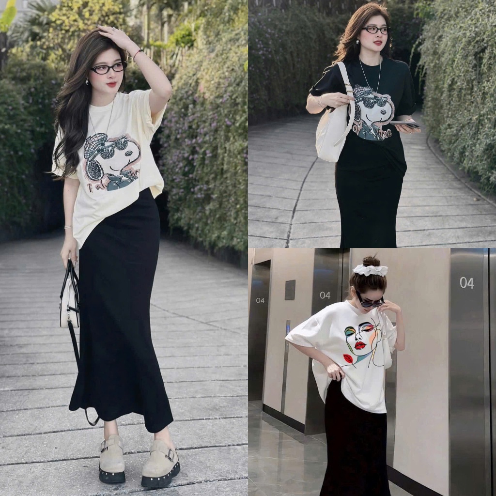 Set Áo Phông Snoopy 3 Màu Mix Chân Váy Đuôi Cá Dài Hack Dáng Chất Umi Xốp Đơn Giản Sang Chảnh (Ảnh T