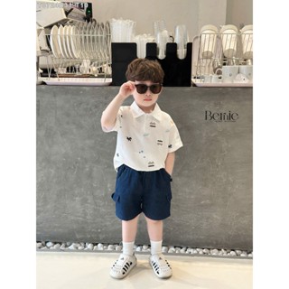  Bộ polo áo trắng hình xe cây dừa  cái ô kèm quần jean ngắn túi hộp xanh xin xắn cho bé đi học đi chơi 9-27kg 