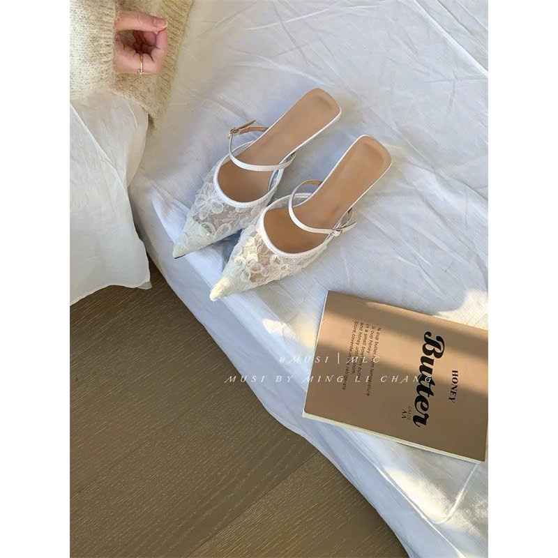Giày Cao Gói Mũi Nhọn 𝓷𝓬𝓼𝓽𝓸𝓻𝓮 Gót Nhọn 3cm Ren Lưới Tiểu Thư - D82