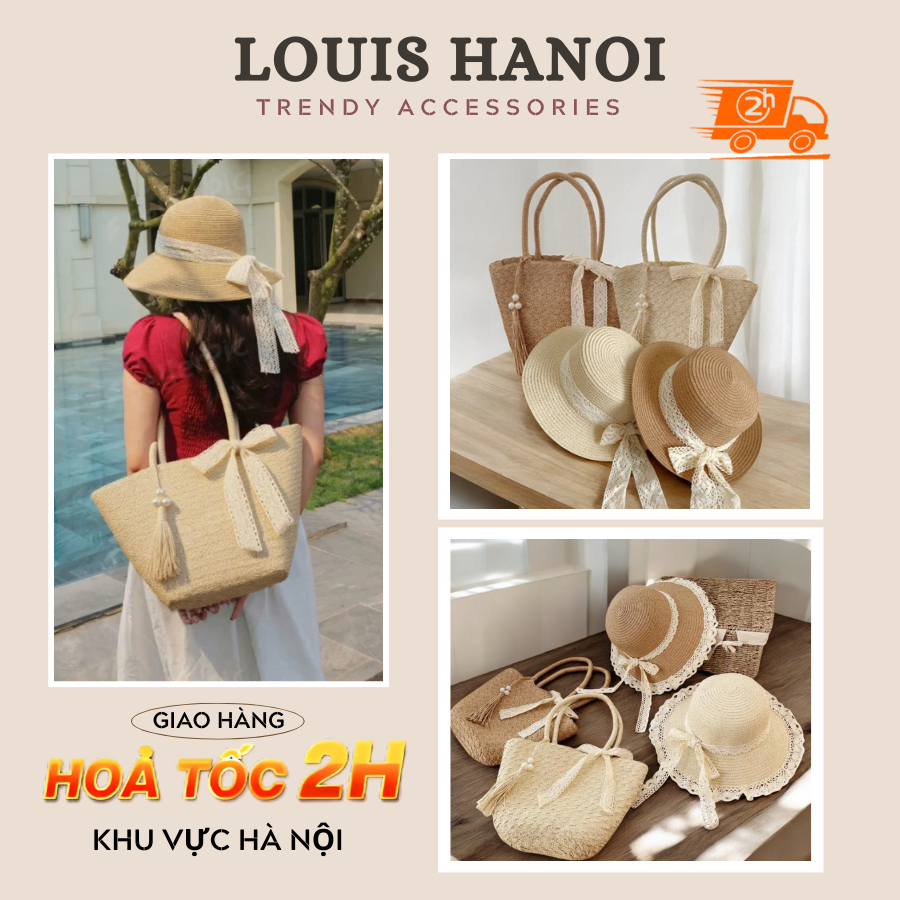 Set Túi Mũ Cói Đi Biển Cho Nữ - Túi Cói Có Khóa Kéo, Tua Rua Ngọc Nơ Ren Đi Chơi Du Lịch Siêu Xinh