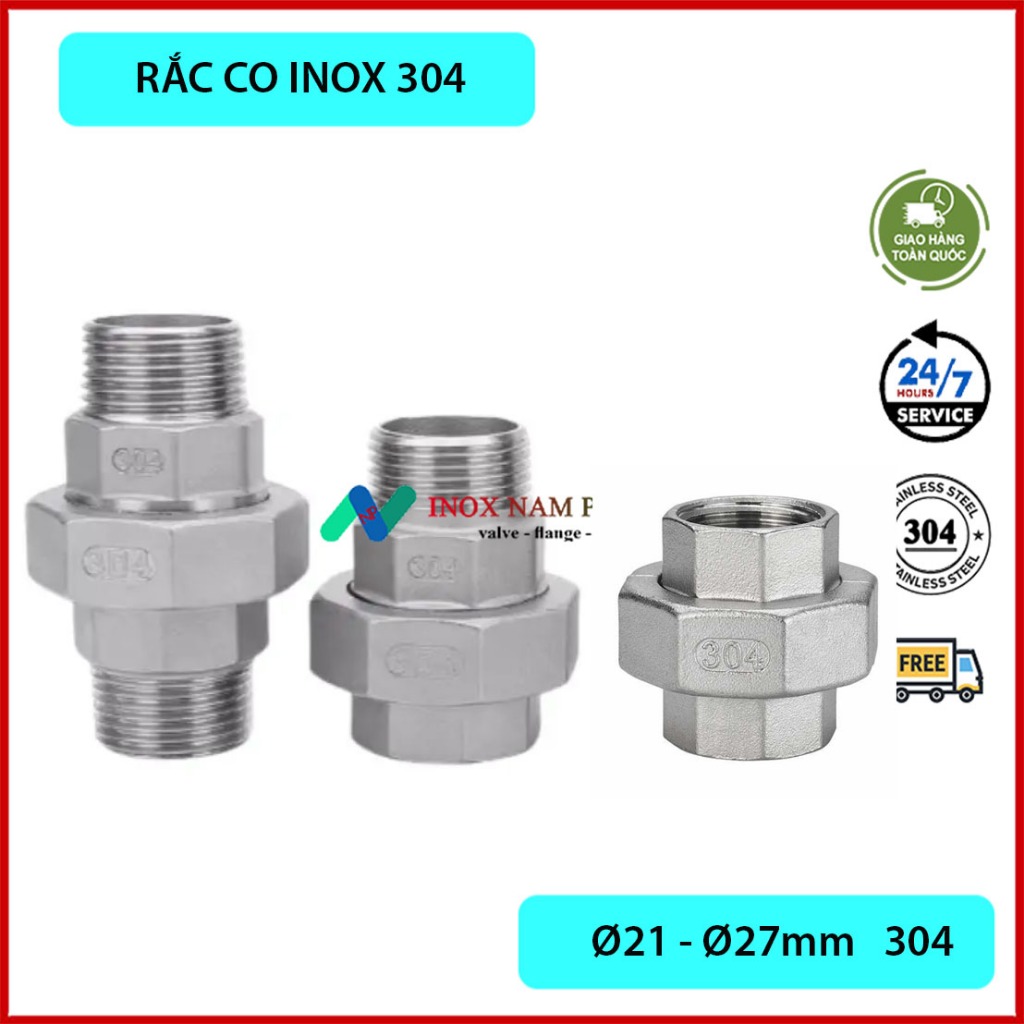 RẮC CO INOX 304 , 3 KIỂU REN RẮC CO INOX 304, Ø21mm Ø27mm Ø34mm ss304