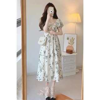  Váy nữ dáng dài babydoll hoa nhí đàm xòe cổ vuông maxi đi biển tay phồng phong cách Hàn Quốc 2023 