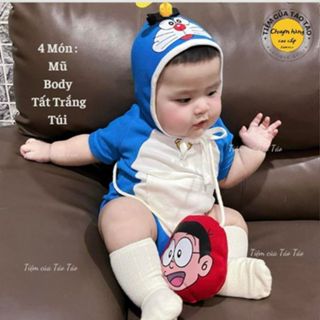 (HÀNG CÓ SẴN) Set bodysuit Mèo Doremon chong chóng kèm mũ, túi đeo chéo và tặng kèm tất trắng cho bé trai gái cover hàn