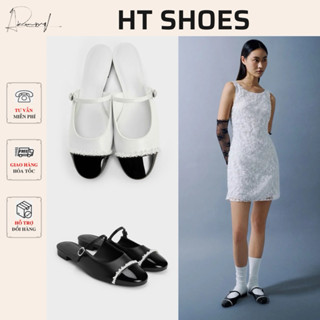 Giày sục búp bê C mũi tròn bóng đính dải ngọc nổi bật giày bệt đế 2cm dễ đi cho nữ 191