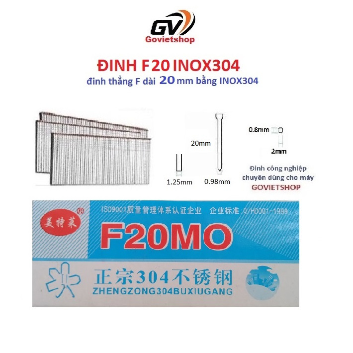 Đinh F20 Inox 304 - đinh thẳng F dài 20mm bằng Inox304 dùng nạp Máy bắn đinh F bắn gỗ ván