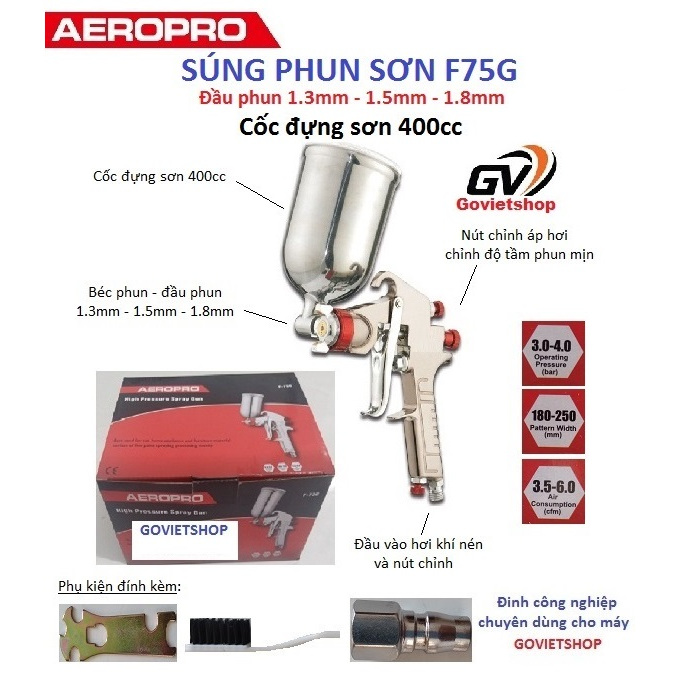 Vitule phun sơn F75G - Hiệu AEROPRO - Bầu cốc sơn 400cc - Máy phun sơn, sơn xe, sơn gỗ