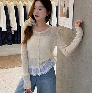 Áo Khoác Len Cadigan Mỏng Dáng Ngắn Tay Dài Phối Viền Voan Bèo Chất Len Dệt Kim Gân Nổi Trẻ Trung Qccc Camcloset