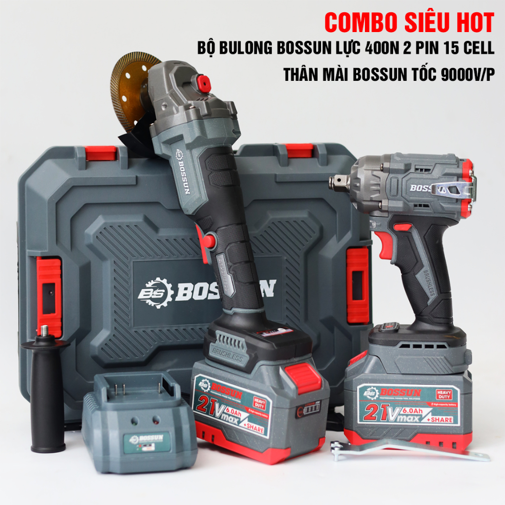 COMBO MÁY SIẾT BULONG + MÁY MÀI PIN BOSSUN M21B-AG100PRO, KHÔNG CHỔI THAN, PIN 15CELL, CHÂN PIN PHỔ 
