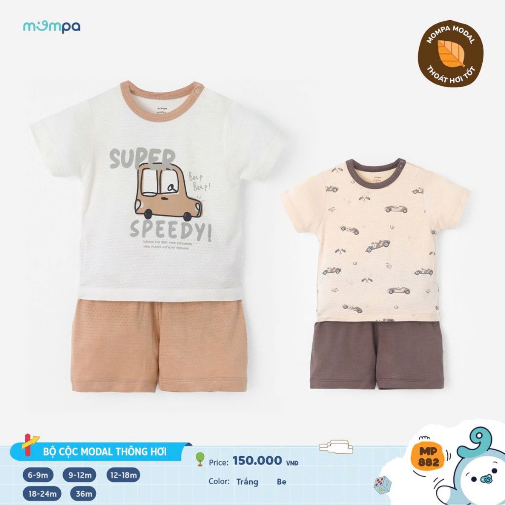 Bộ cộc tay bé trai Mompa 6 tháng - 3 tuổi vải Modal lỗ thông hơi thoáng khí thấm hút mềm mại 882