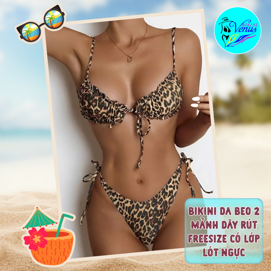 Bikini da beo 2 mảnh dây rút 2 dây mảnh freesize có lớp lót ngực