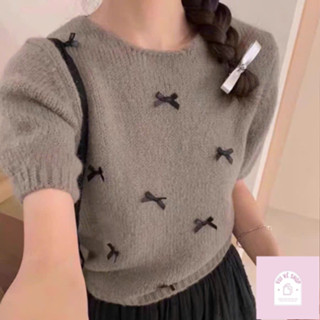 Áo Len Nữ Tay Ngắn Phồng Cổ Tròn, Áo Len Dệt Kim Đính Nơ Phong Cách Hàn Quốc Thời Trang Mùa Hè | Vui Vẻ Shop