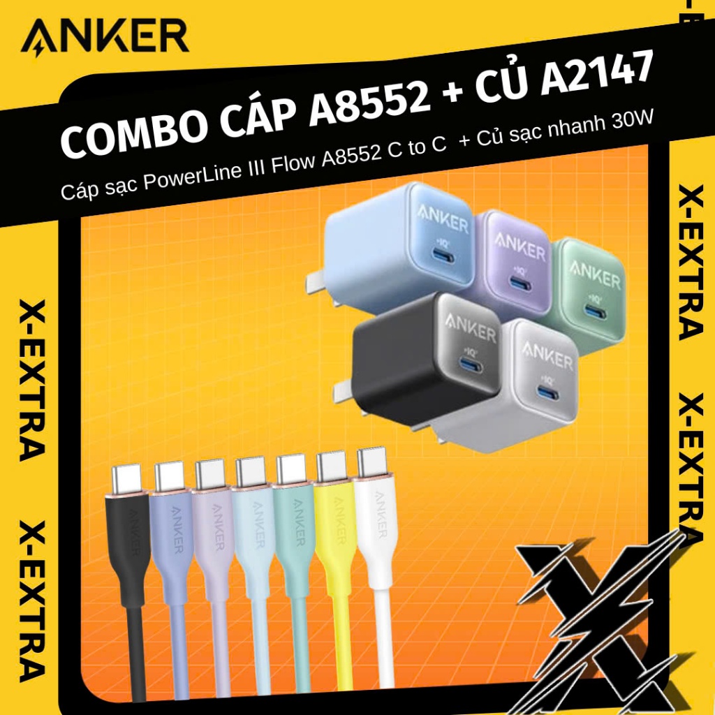Bộ sạc nhanh Anker Nano 30W A2147 và Cáp sạc Flow A8552, A8553 sợi silicon mềm dẻo, đành cho IP15,16