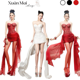 Set 2 món áo 2 dây bo chun mocking tua rua chân váy dài 110cm dập ly con kiểu tà lệch hồng kem đen xuanmaishop12 