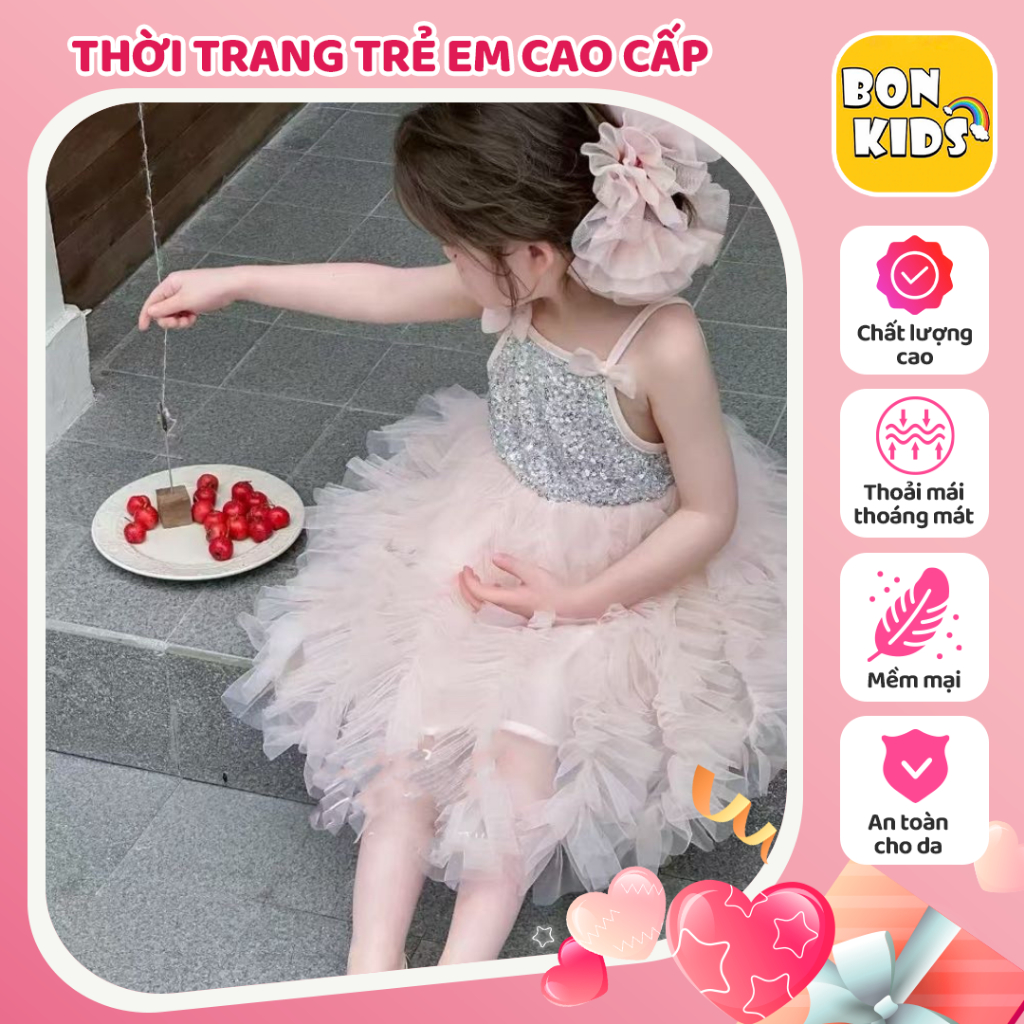 Váy Đầm Công Chúa Bling Hai Dây Đính Nơ Xinh Bé Gái Bồng Bềnh QC BonKids - V27