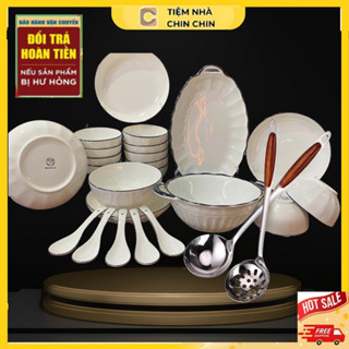 Bộ Bát Đĩa Ăn Cơm Gia Đình Cao Cấp 25 Chi Tiết ,Sứ Trắng Sọc Viền Đen Mẫu Mới Hàng Bát Tràng Set Tô Chén Ăn Cơm Gốm Sứ