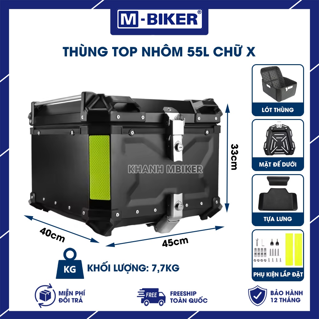 Thùng nhôm 55L M-Biker, Thùng top 55L hợp kim nhôm - Cốp xe máy 55L chất liệu nhôm