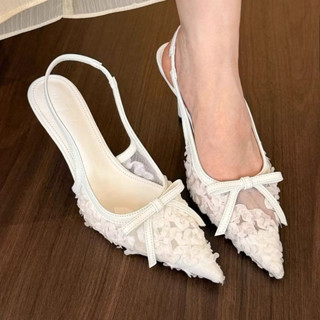 Giày cao gót 6 phân mũi nhọn Ren Hoa Hồng thêu nổi- C111 - Giày quai hậu Ren lưới Tiểu thư đính nơ xinh.