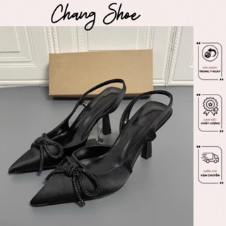 Giày sandal nữ cao gót Z mũi nhọn thắt nơ đính đá lấp lánh đế cao 6cm vải lụa Satin  fullbox 7151-2