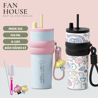 Bình giữ nhiệt khắc tên Fan House bình nước giữ nhiệt 12h inox 316 ống hút tiện lợi 710ml