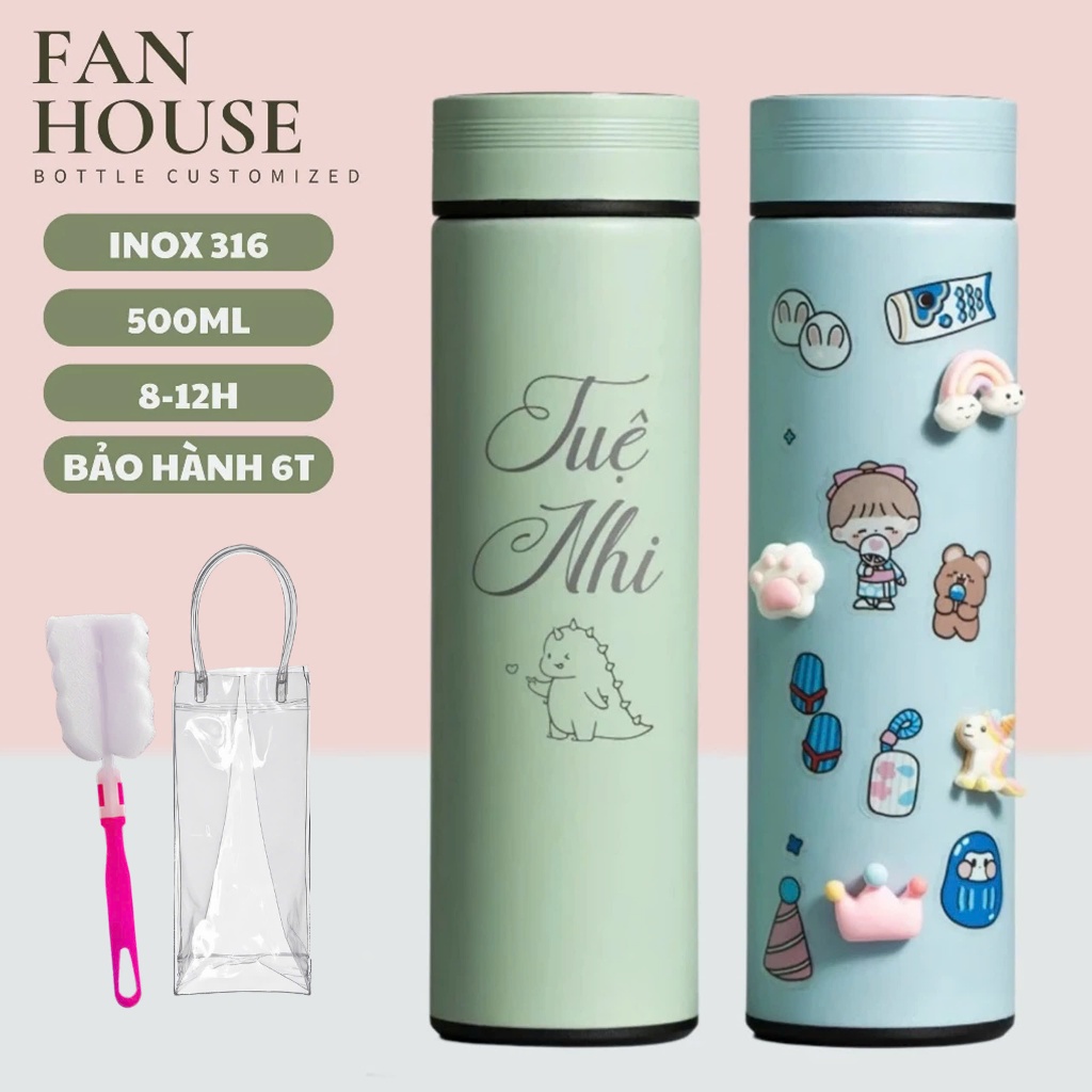 Bình giữ nhiệt cao cấp 500ml inox 314 bình nước có màn led hiển thị nhiệt độ, ngăn hãm trà Fan House khắc tên tặng túi