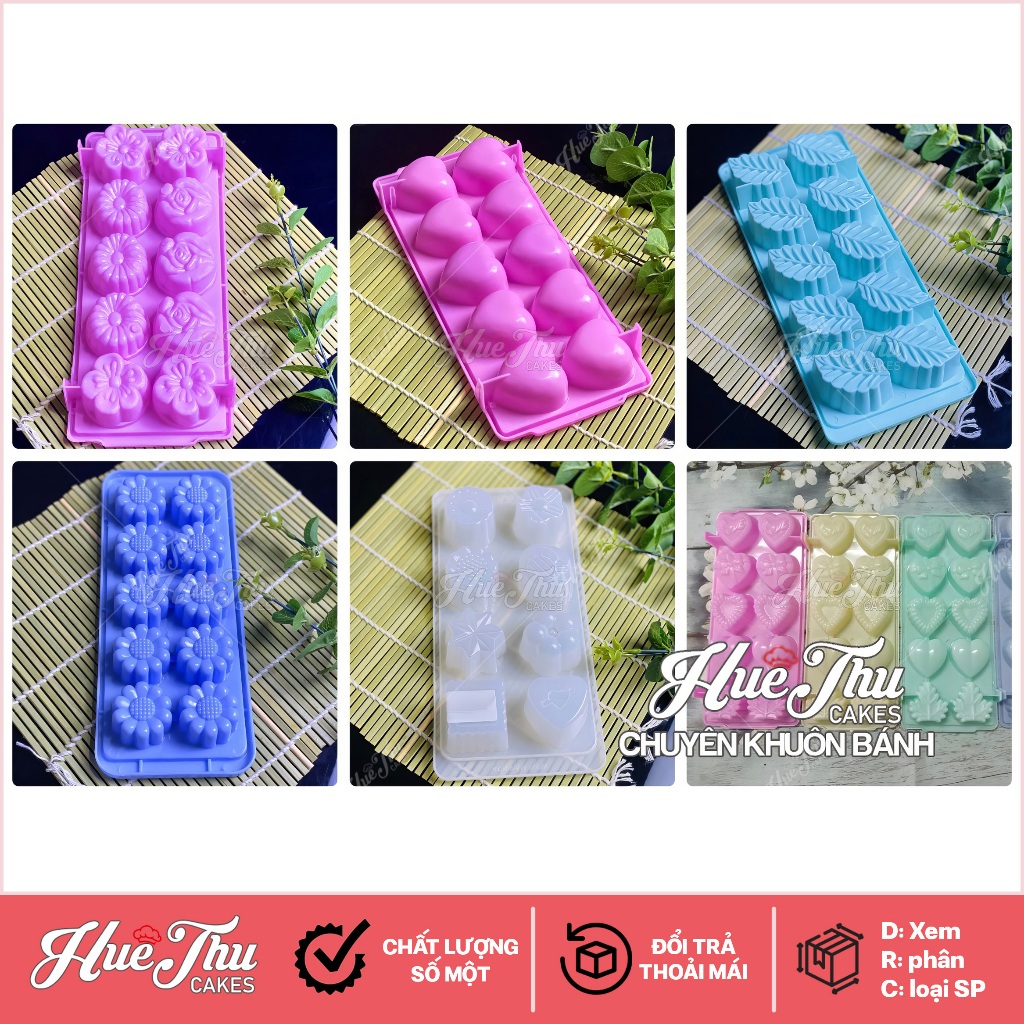 Combo 6 khay đá làm Thạch Rau Câu Mini, Trà Sữa (Bông, Tim 10, Lá, Cúc, Hình Hoa, Tim Lá)