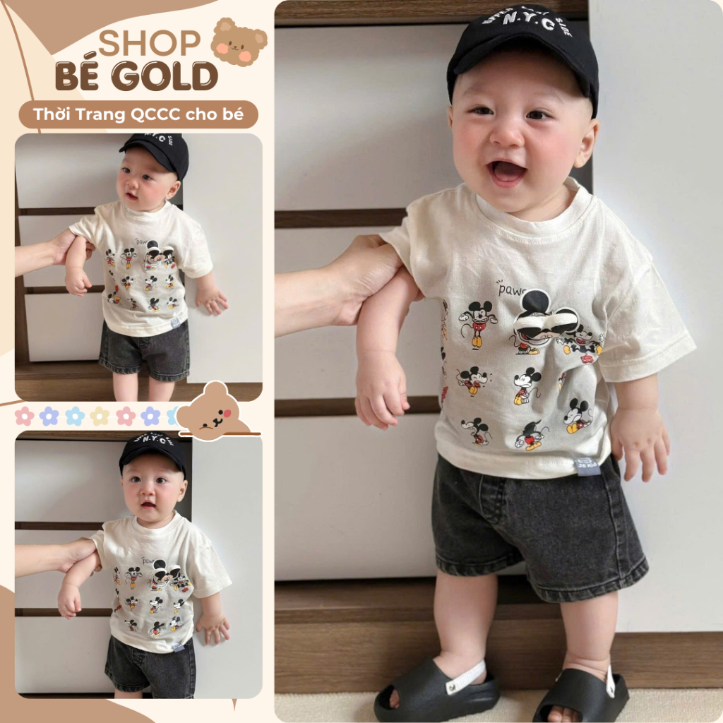 Set đồ bé trai áo thun cổ tròn tay lửng họa tiết Gấu Con, quần jean bò short ngắn bộ trẻ em 9-24kg s