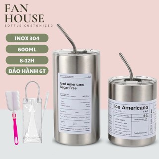 Ly giữ nhiệt cao cấp Iced Americano khắc tên, bình nước cao cấp Fan House 600ml inox 304, tặng sticker, ống hút inox