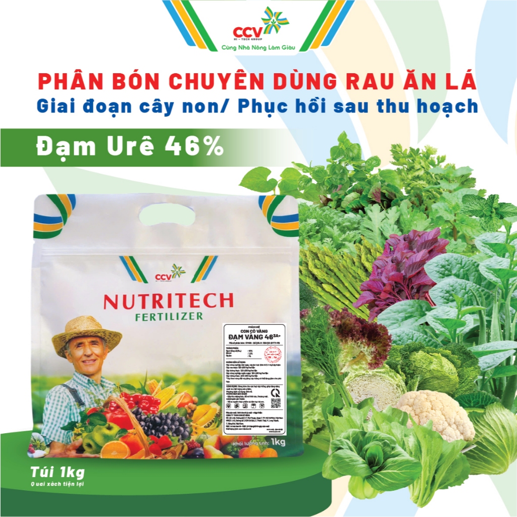 Phân bón ĐẠM UREA 46% Con Cò Vàng – Chuyên RAU ĂN LÁ, Rau Xanh Tốt, Lá Dày, Phát Triển Mạnh – Túi1kg