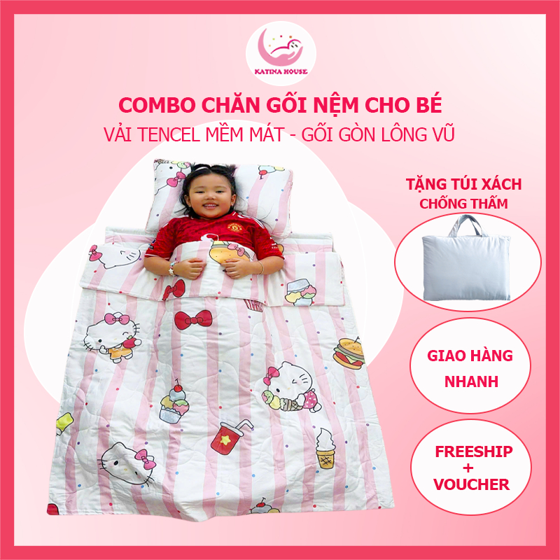 Bộ chăn gối nệm cho bé Katina House, vải Tencel siêu mềm mát, thoáng khí, nệm chống thấm