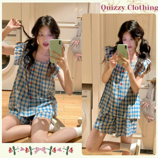 Pijama nữ kẻ caro xanh trắng áo cổ vuông mix quần đùi cạp chun, đồ ngủ nữ dễ thương nhẹ nhàng HCOM25602