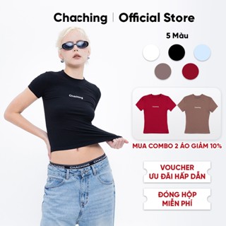 Áo Thun Basic Babytee Ôm Body In Logo ChaChing, Áo Babytee Dáng Croptop Tay Ngắn Chất Thun Gân 4 Chiều Dày Dặn, Co Giãn