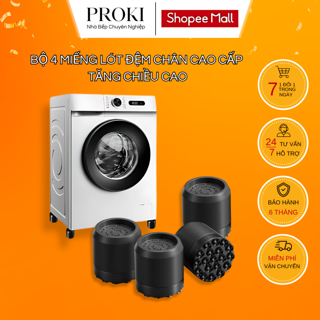 Bộ 4 Miếng Lót Đệm Chân Máy Giặt Cao Cấp PROKI Tăng Chiều Cao, Giảm Tiếng Ồn, Dễ Dàng Vệ Sinh