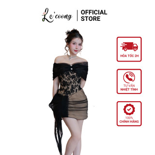 Váy Đẹp Trễ Vai Phối Voan Tơ Đính Đá LECOONG V773 Đầm Tiểu Thư Màu Be Đen Đi Tiệc Sang Chảnh
