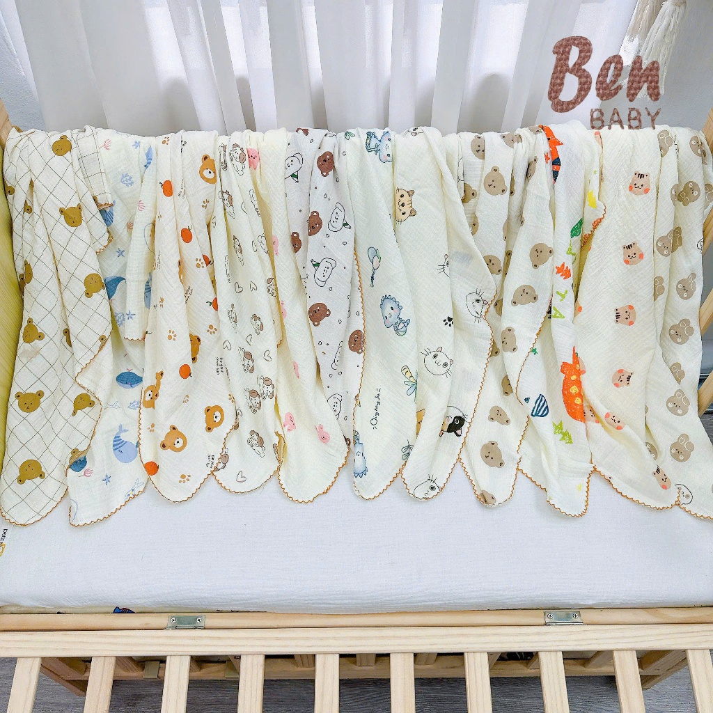 (HÌNH NGẪU NHIÊN) Khăn Tắm Muslin Ben Baby Có Viền Cao Cấp, Khăn Tắm Sợi Tre Mềm Mại Thoáng Khí Cho 