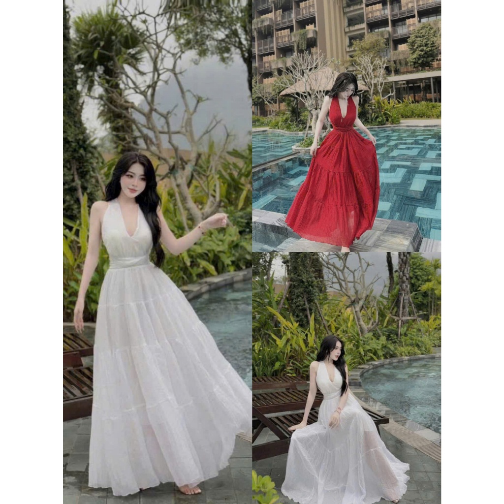 Đầm váy nữ mặc đi biển chất tơ gãy cao cấp có mút ngực cổ v yếm tay hở lưng váy xòe maxi trắng và đỏ
