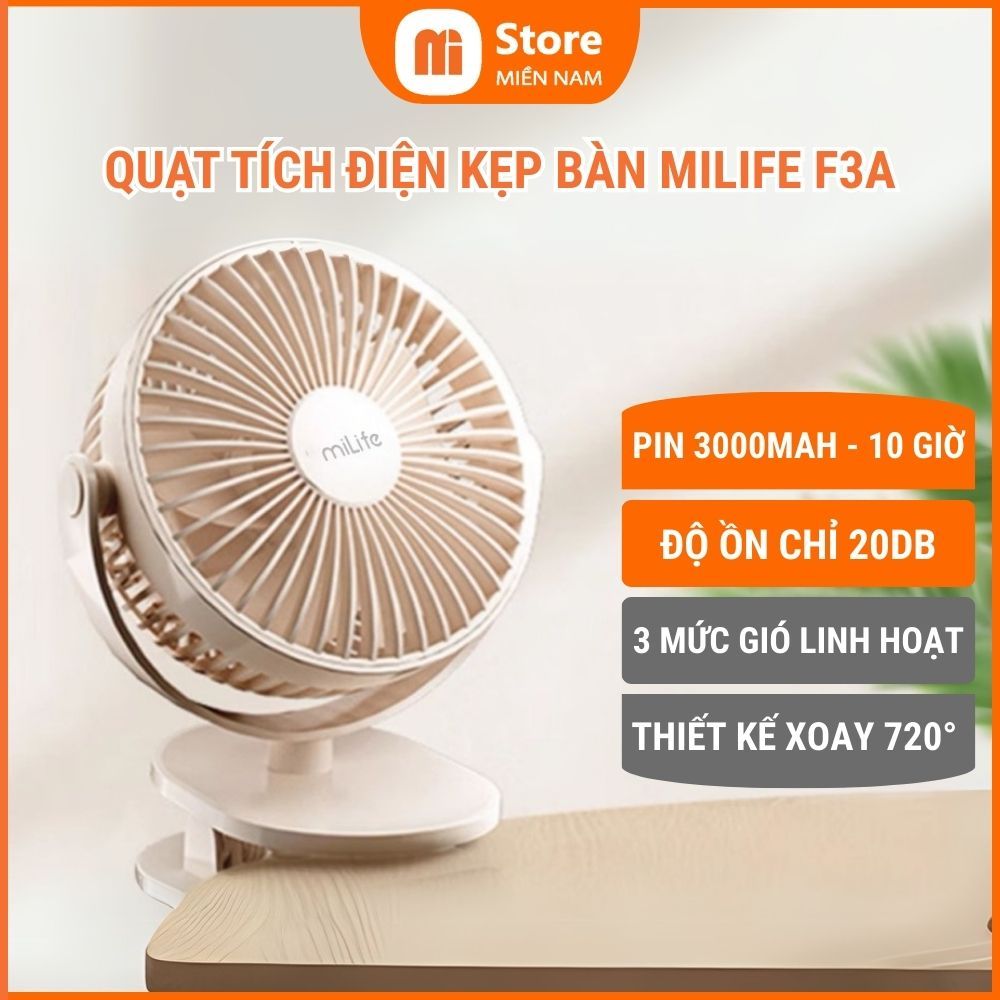 Quạt kẹp bàn miLife pin 10 tiếng F3A cánh quạt 12cm
