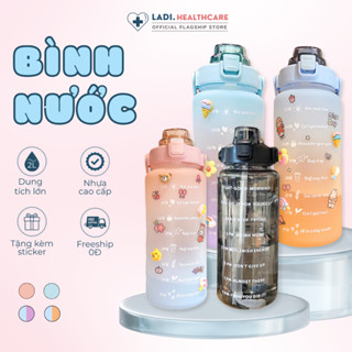 Bình nước 2 lít [ tặng Sticker] dành cho người lười uống nước, bình nước cute 2L có ống hút, vạch chia nhắc giờ
