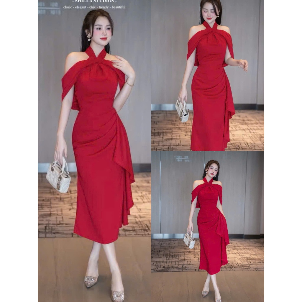 Đầm nữ thời thượng chất tuyết mưa trễ vai cổ yếm váy dáng dài nhấn eo thiết kế 1 màu sang chảnh