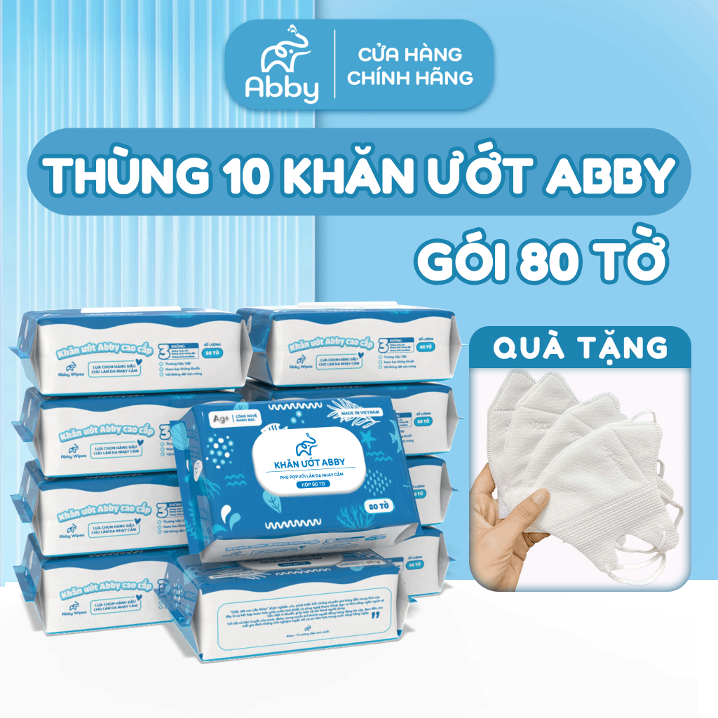 [Giá Siêu Rẻ] Thùng 10 Gói 80 Tờ Khăn Ướt Abby Không Mùi Chất Hoá Học An Toàn Với Làn Da Trẻ Em
