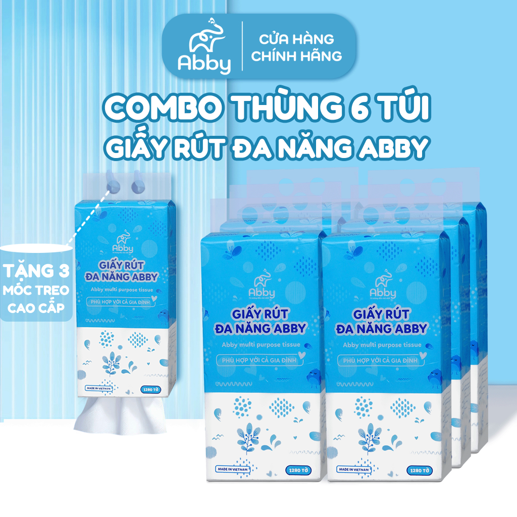 [Mall] Thùng 6 Khăn Giấy Rút Treo Tường Abby 1280 Tờ Nhỏ Gọn Cao Cấp Đa Năng Giấy Ăn Tặng 3 Móc Treo