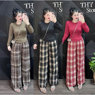 Set đồ nữ ,Đồ bộ nữ Áo thun gân tay dài cổ tròn kèm quần karo bố dạ Quang suông rộng thời trang nữ _Xưởng May Thu Lê