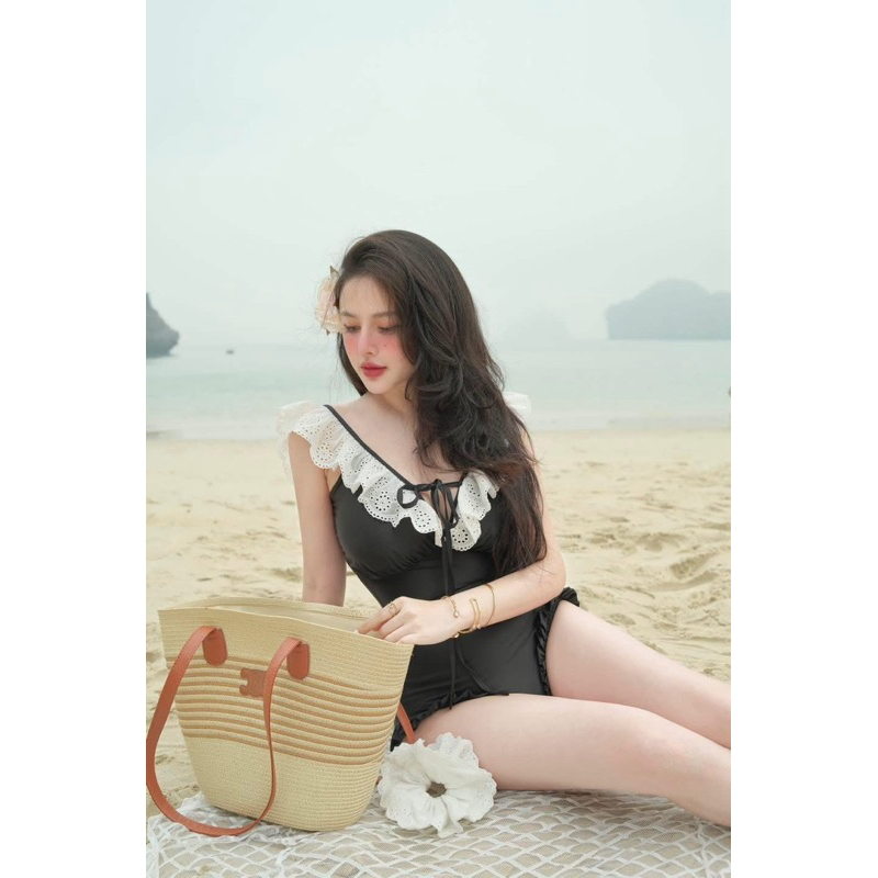 [Hoả Tốc Sẵn] Đồ Bơi,Bikini Nữ Liền Thân Một Mảnh Đen Cổ V Viền Ren Trắng Thiết Kế | BigBuy360 - bigbuy360.vn